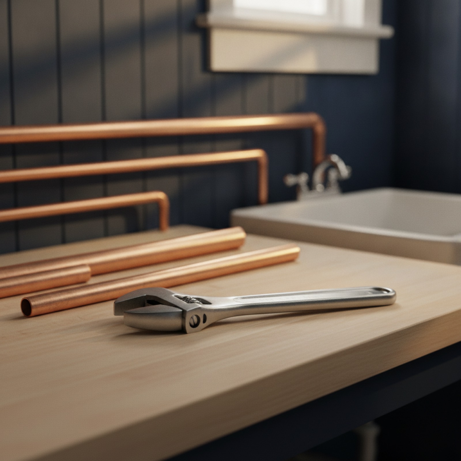 Copper supply lines cut to length and an adjustable wrench resting on a bench beside a basin.